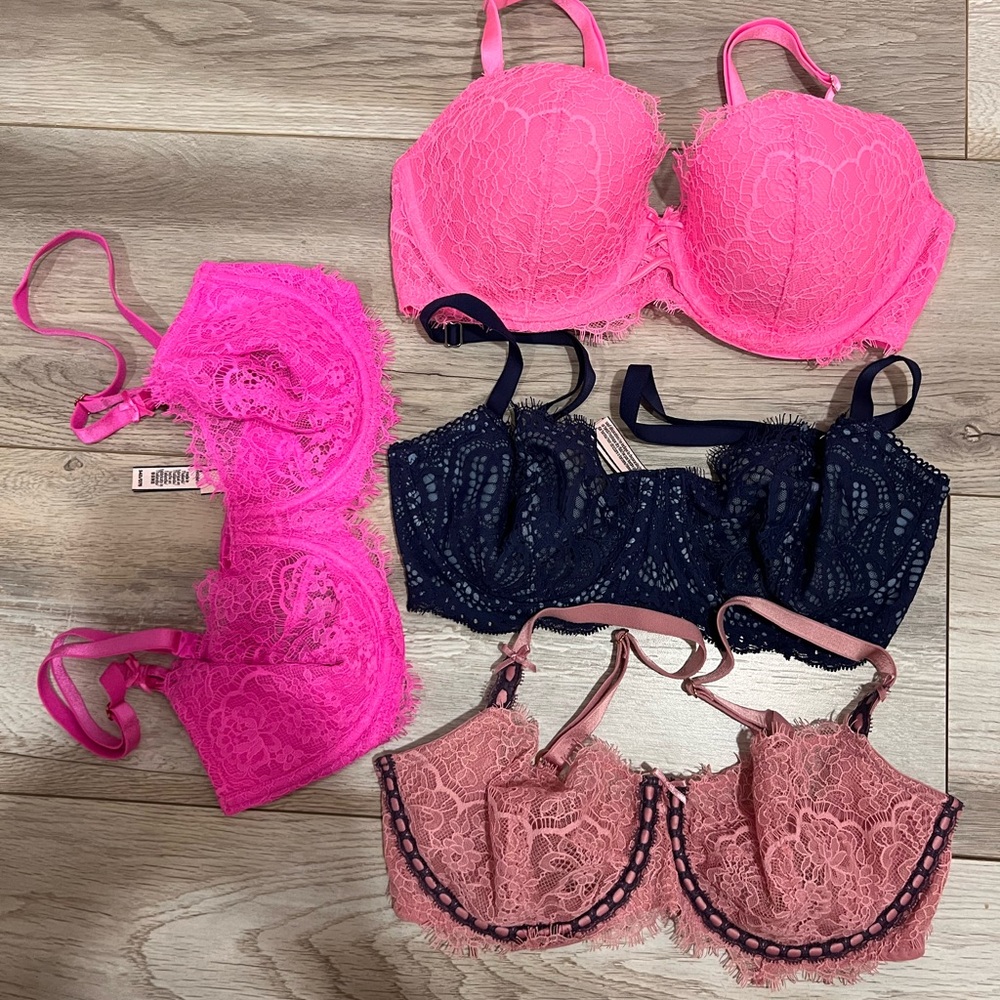 Victoria’s Secret Dream Angels Lace push up Bra Set of 4 Pinks, navy 34D
